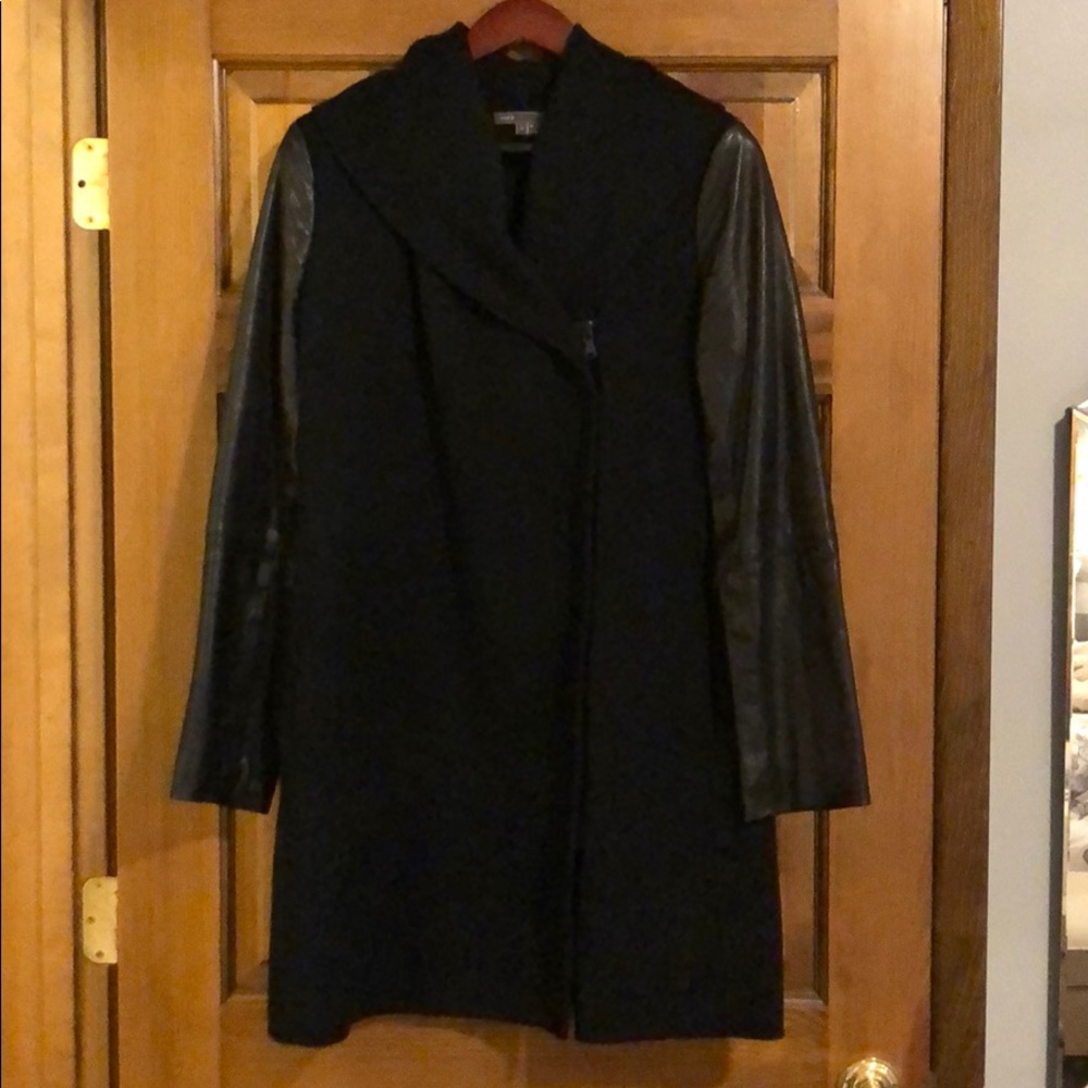 Vince asymmetrical black wool coat w/ leather